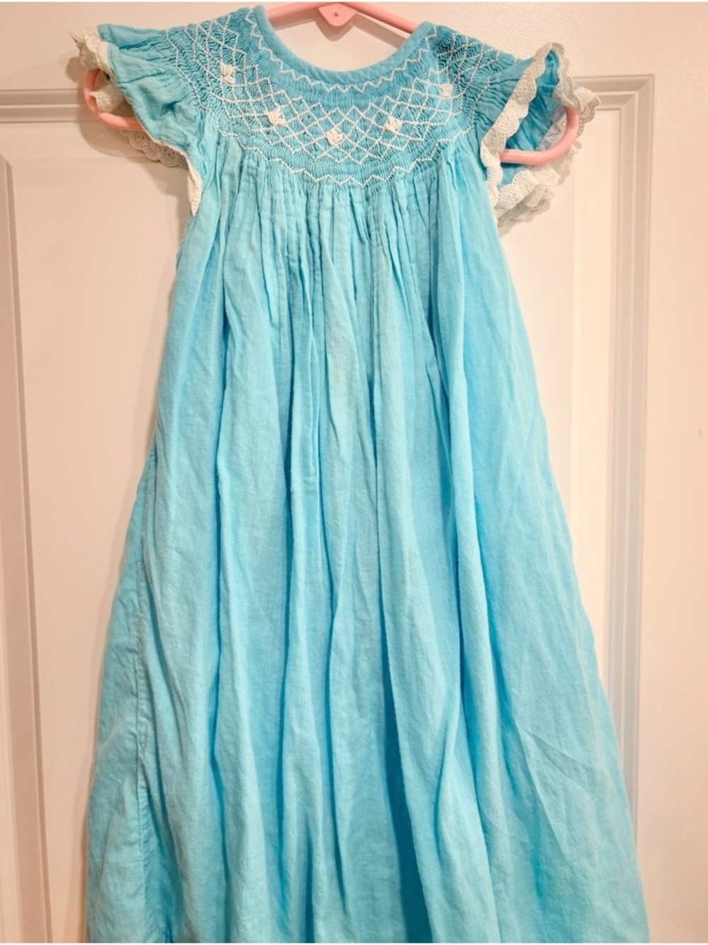 Light Blue Smocked Cotton Girls Formal Dress with Lace Trim